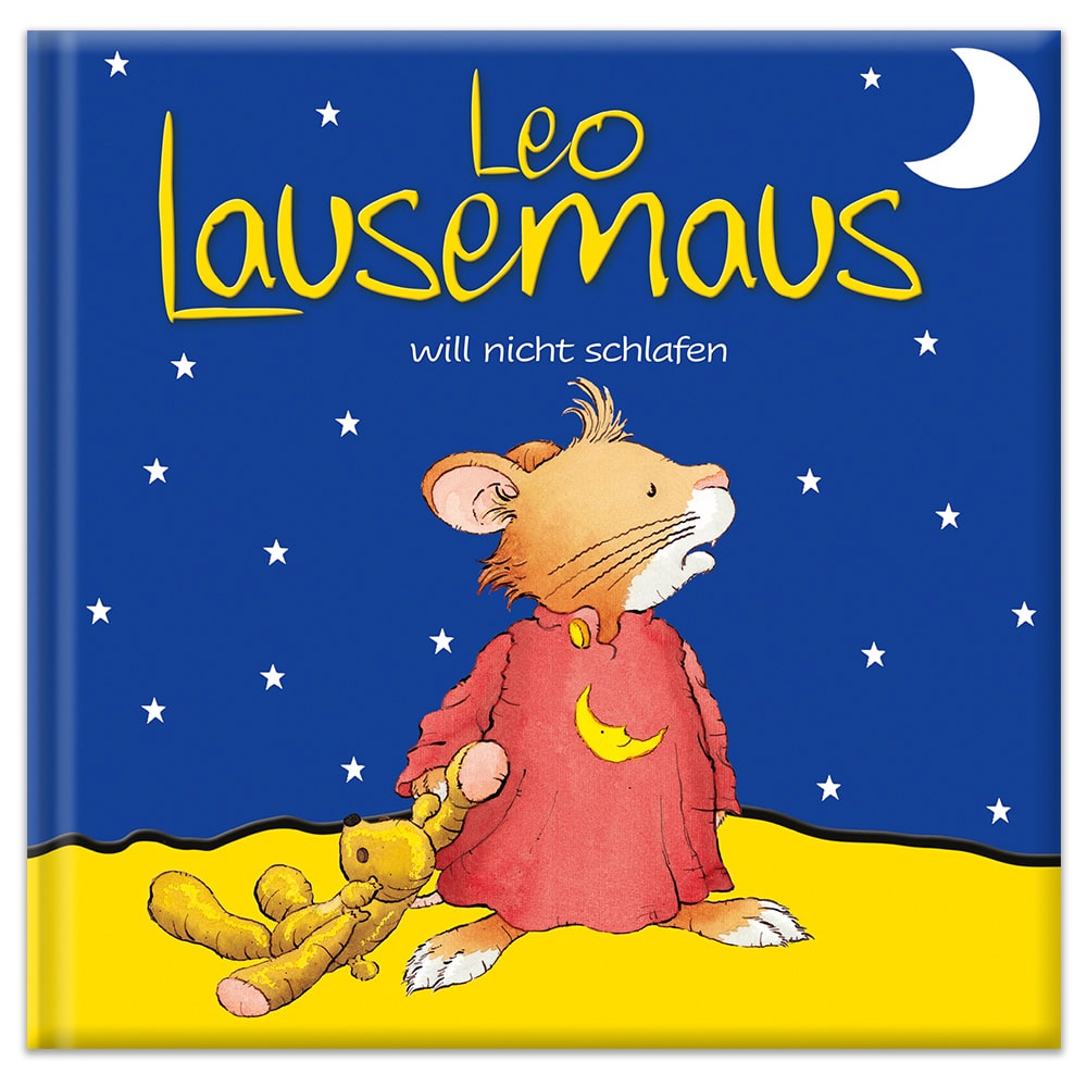 Buchcover von „Leo Lausemaus will nicht schlafen“ mit einer Maus im Pyjama, die ein Spielzeug unter einem Nachthimmel hält.