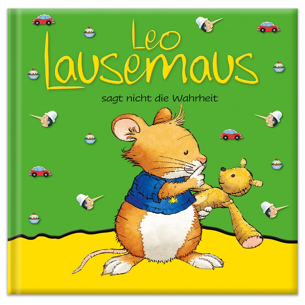 Buchcover von „Leo Lausemaus sagt nicht die Wahrheit“ mit einer Maus, die ein Plüschtier auf grünem Hintergrund umarmt.