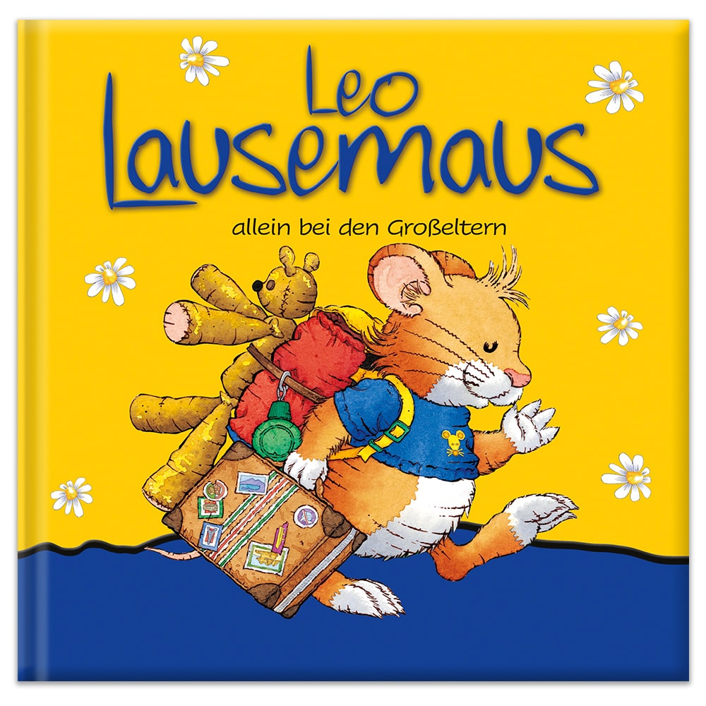 Abbildung einer Maus, die einen Koffer und einen Teddybär trägt, auf einem Buchcover mit dem Titel „Leo Lausemaus allein bei den Großeltern.“