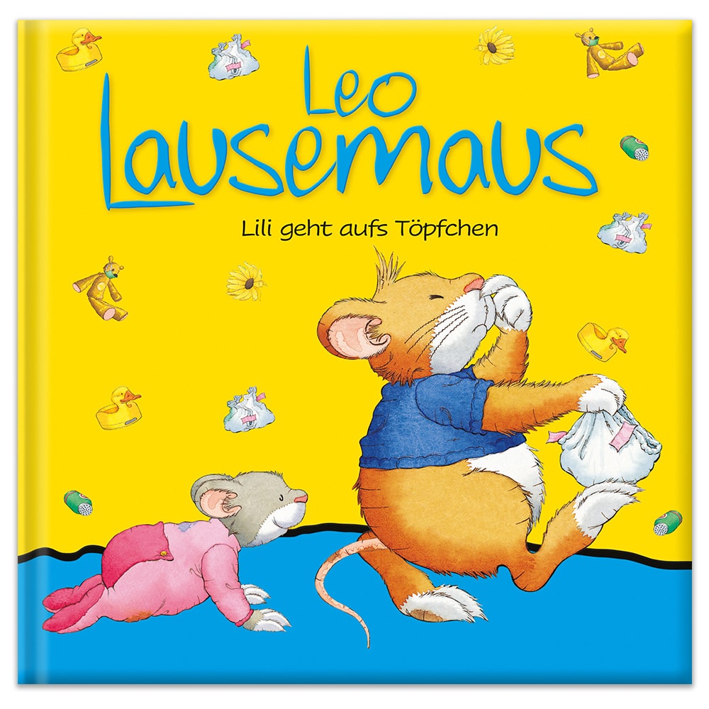 Farbenfroher Kinderbucheinband mit zwei Mäusen, von denen eine mit einem kleinen Säckchen läuft, mit dem Titel „Leo Lausemäus“.