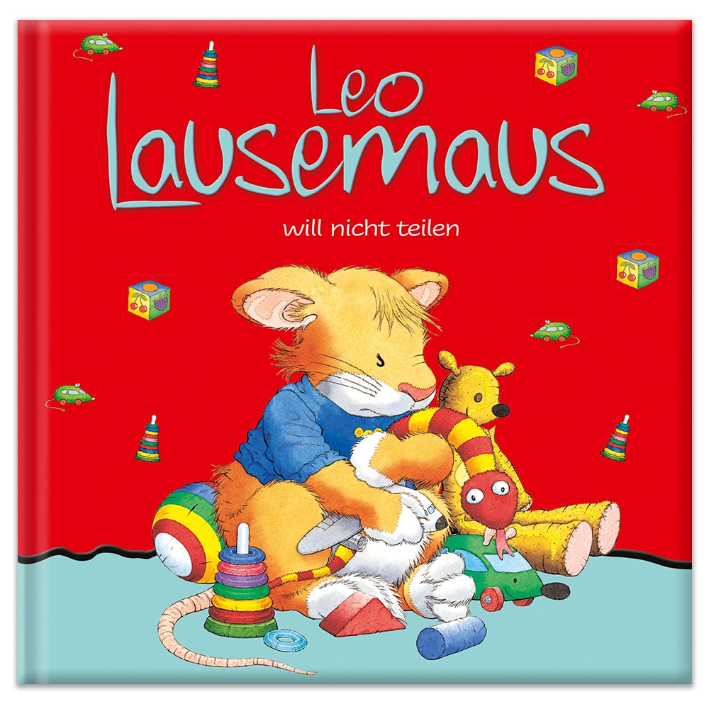 Illustriertes Maus-Kuscheltier auf rotem Buchcover mit dem Titel „Leo Lausemaus will nicht teilen“ mit bunten Akzenten.