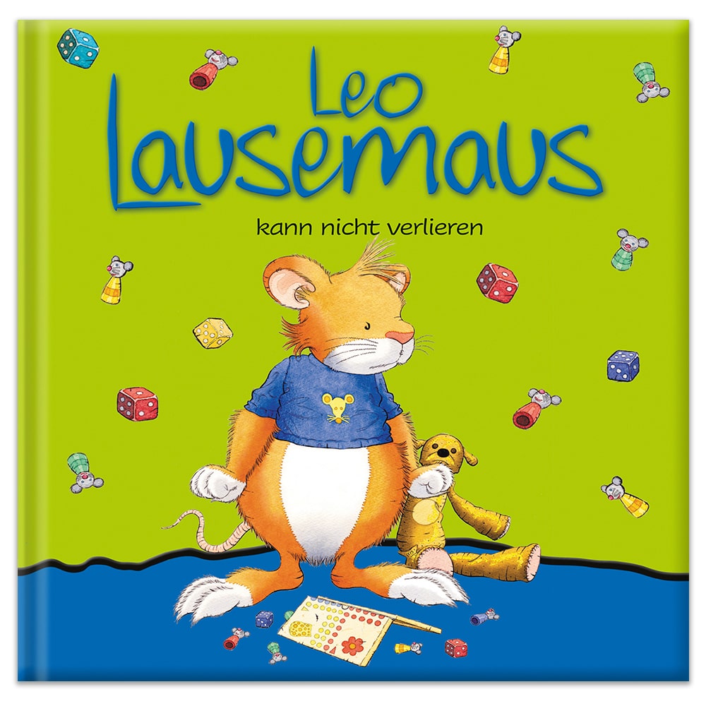 Cover eines Kinderbuchs mit einer Maus und einem Teddybär, umgeben von Würfeln und Kreiseln.