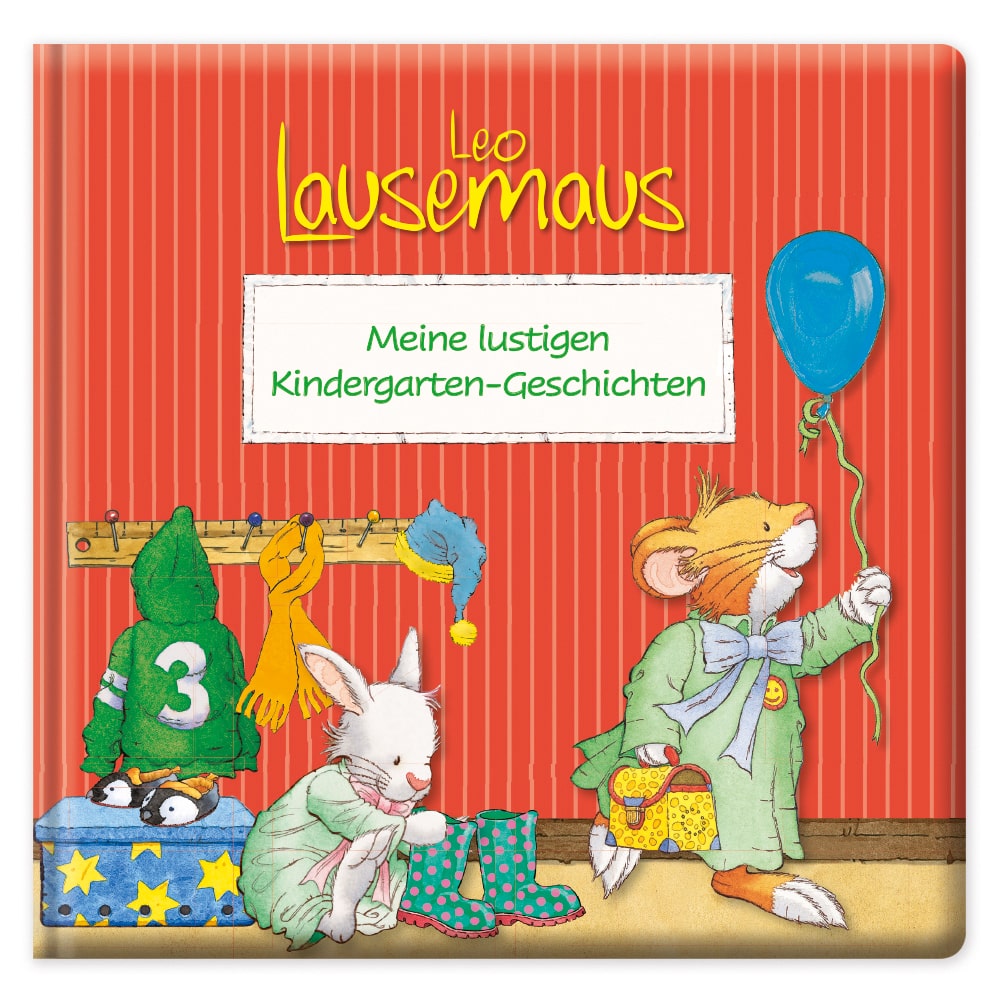 Kinderbuchcover mit Tieren im Kindergarten-Setting, darunter eine Maus mit Luftballon.