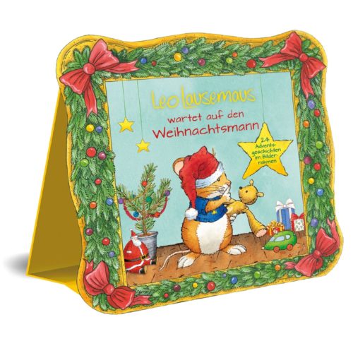 Illustriertes Cover mit einer Maus in einer Weihnachtsmannmütze neben einem Weihnachtsbaum, umgeben von festlichen Dekorationen.