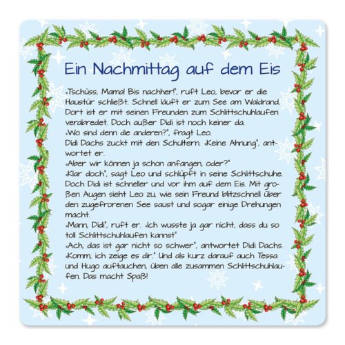 Festliche Bordüre mit Stechpalme um den deutschen Text „Ein Nachmittag auf dem Eis“ auf hellblauem Hintergrund.