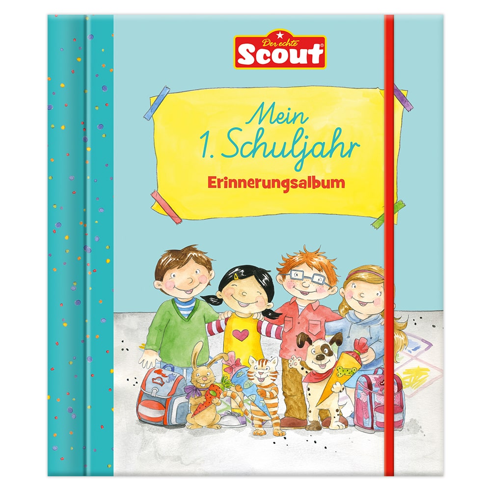 Kinder mit Rucksäcken auf einem bunten Buchcover mit dem Titel „Mein 1. Schuljahr Erinnerungsalbum.