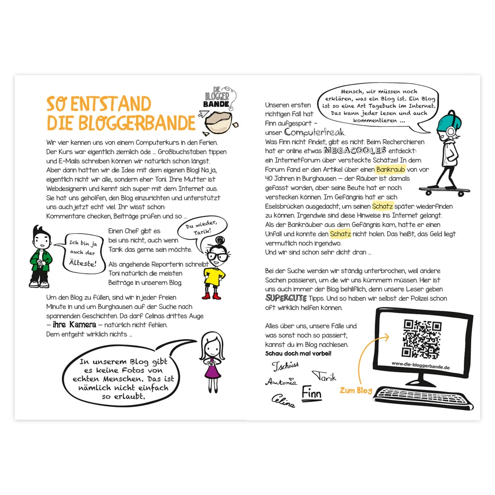 Illustrierter Cartoon über die Gründung eines Bloggerclubs mit Figuren und einem Computer, mit deutschem Text.