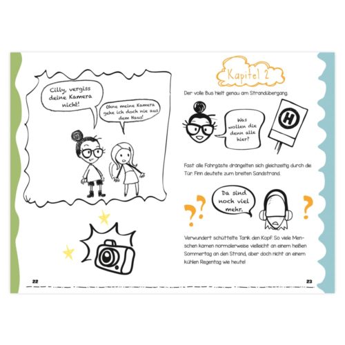 Abbildung von zwei Figuren mit einer Kamera und Sprechblasen, daneben deutscher Text unter „Kapitel 2“.