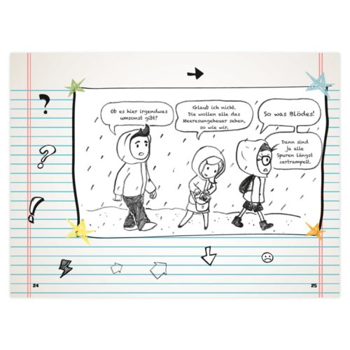 Schwarz-weißer Comic von drei Kindern in Regenmänteln, die im Regen laufen, auf liniertem Papier mit dekorativen Aufklebern.