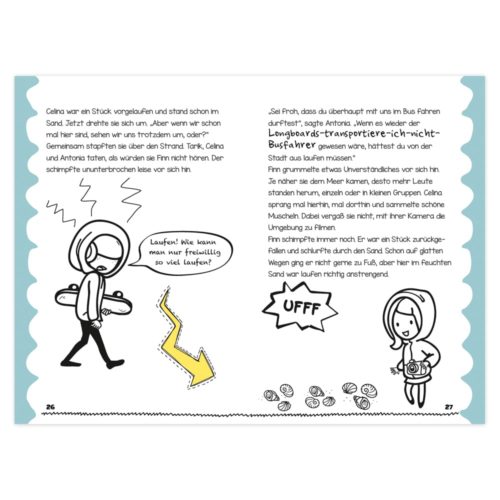 Illustrierte Buchseiten, die Strichmännchen zeigen, die beim Gehen sprechen, Gegenstände tragen und auf Lärm stoßen.