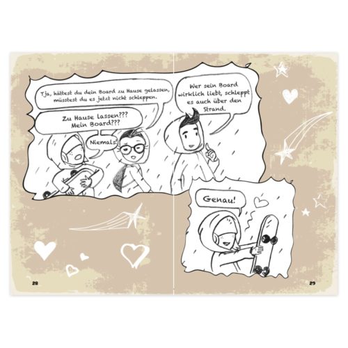 Comicfiguren diskutieren über ein Skateboard