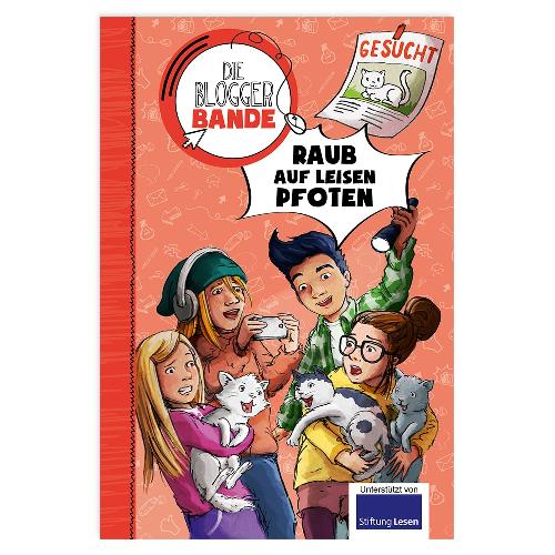 Kinder mit Katzen und einem Tablet, erschrockene Gesichtsausdrücke, Comic-Illustrationen mit deutschem Text zu einem Rätsel.