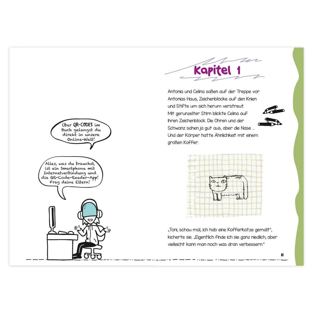Ein Kind zeichnet digital mit Text zu Kapitel 1 und einer Skizze einer Kaffeemaschine.