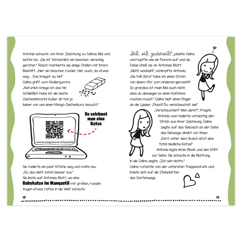 Cartoon einer Mädchenzeichnung mit Text und Illustrationen, einschließlich eines QR-Codes und verspielten Katzen-Kritzel-Anweisungen.