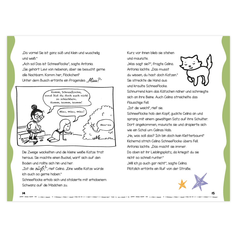 Seite mit Text, einem Cartoon von zwei Personen und einer Katze sowie kleinen Sternzeichnungen.