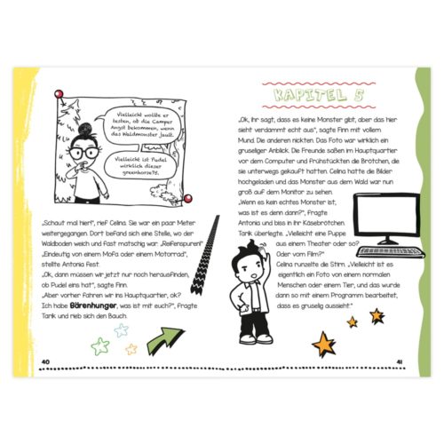 Illustrierte Buchseite mit Cartoonfigur, deutschem Text, Sternen und bunten Akzenten.