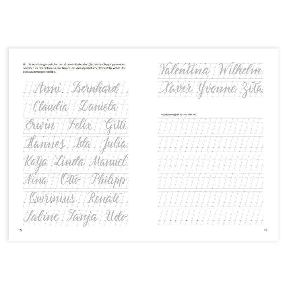 Schreibübungsblätter mit Namen und leeren Rasterfeldern für Schreibübungen.