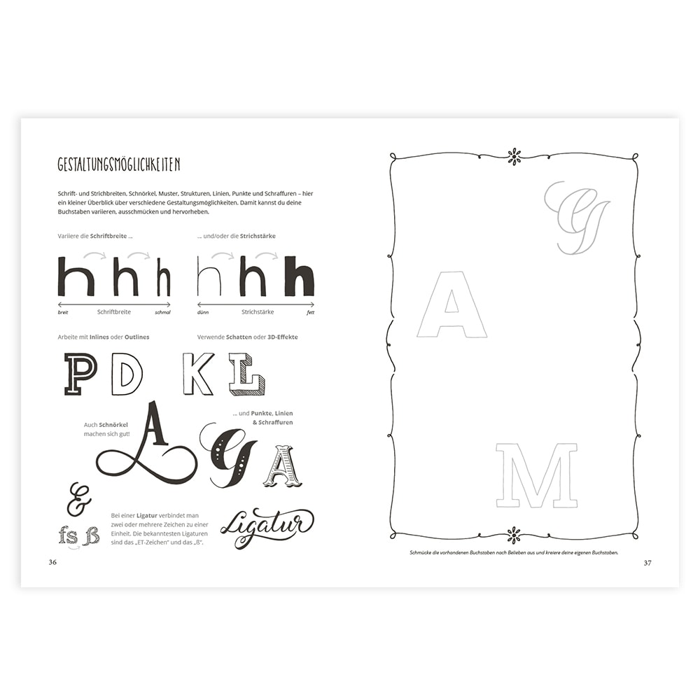 Seite mit verschiedenen Buchstabendesigns, Monogramminitialen und typografischen Elementen mit dekorativen Rändern.