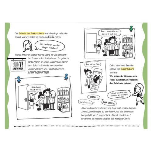 Ein Comic über einen Banküberfall, in dem die Figuren über Hinweise und Shampoo als Verstecke diskutieren.