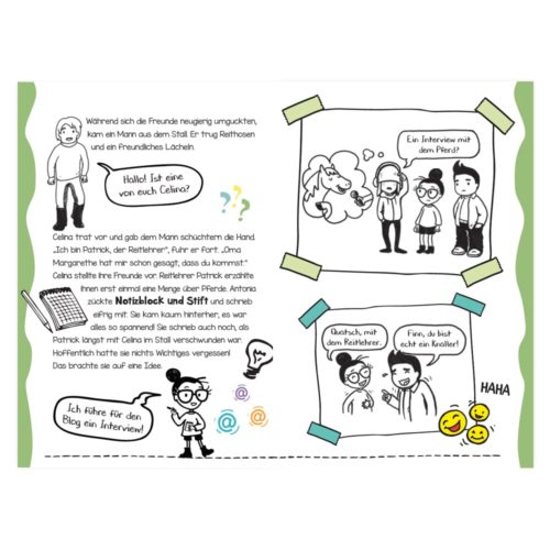 Comicstrip mit einem Mädchen in einem Stall, das einen Jungen interviewt, während andere zuschauen