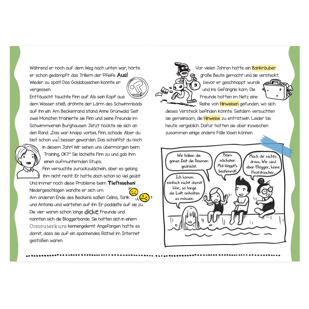 Illustration im Comic-Stil mit Personen, die eine Geschichte diskutieren. Enthält Text und kleine Zeichnungen von Figuren und Objekten.