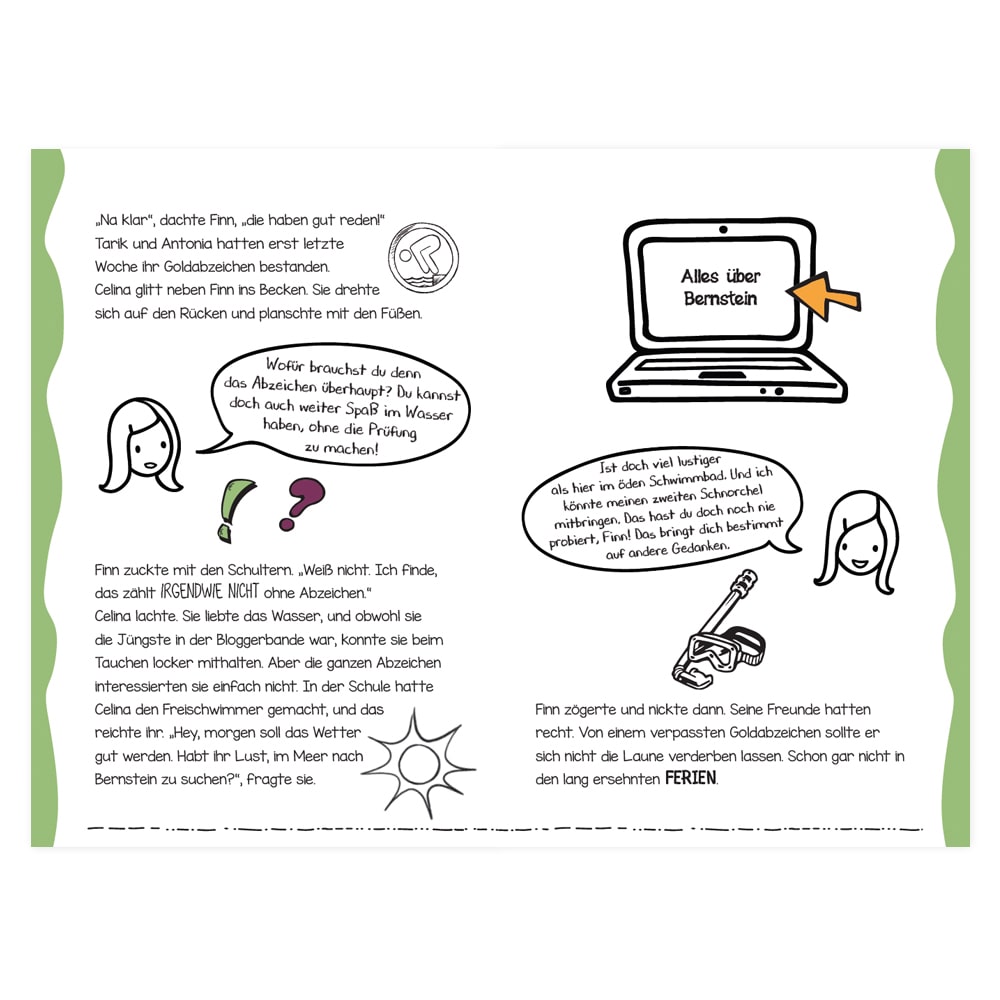 Zeichnung im Comic-Stil mit einem Laptop, Personen und Textblasen, die über Amber und ein Schulprojekt diskutieren.