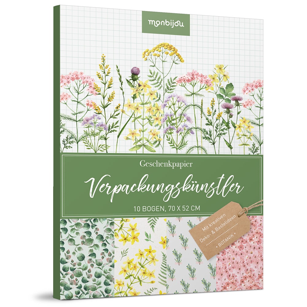 Geschenkpapier-Set mit floralen Motiven und der Aufschrift „Verpackungskünstler“ von monbijou. Inhalt: 10 Blatt, 70x52 cm.