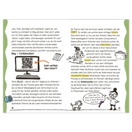 Illustrierte Geschichtenseite mit Text über das Bloggen, einer Zeichentrickfigur und einem Hund.