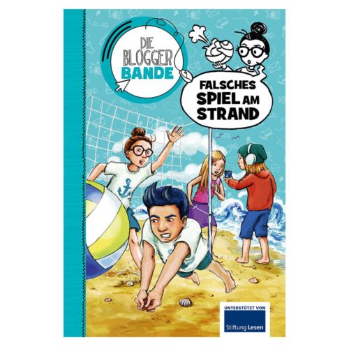 Bildband mit Volleyball spielenden Kindern am Strand mit dem Titel „Die Blogger Bande: Falsches Spiel am Strand“.