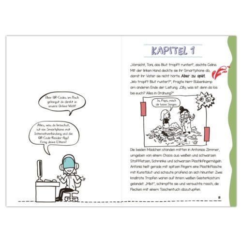 Buchseite im Comic-Stil mit einer Person an einem Computer und zwei Personen, die sich über eine aus einem Telefon tropfende Flüssigkeit unterhalten.