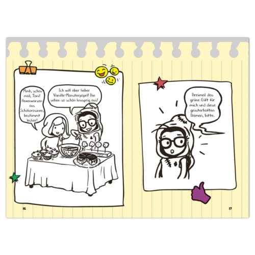 Comic-Strip von zwei Personen, die an einem Tisch mit Sprechblasen über Essen diskutieren