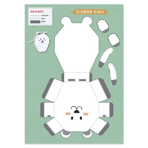 Origami-Eisbär-Vorlage auf grünem Hintergrund mit Ausschneideanleitung.