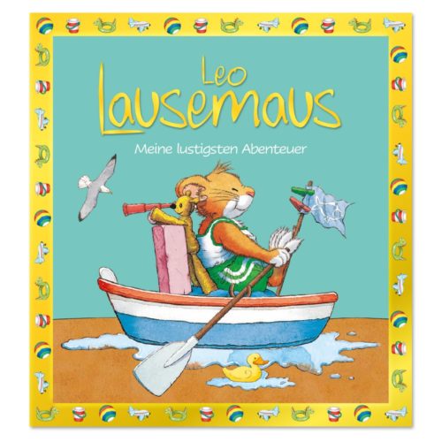 Eine Maus, die ein Boot rudert, umgeben von verspielten Grafiken und dem Titel „Leo Lausemaus: Meine lustigsten Abenteuer“.