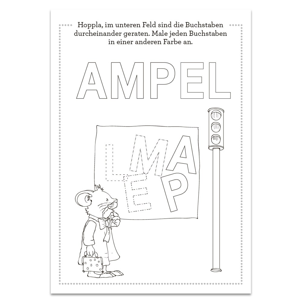 Malvorlage mit einer Maus, die eine Tasche hält, Buchstaben in der falschen Reihenfolge und einer Ampel. Anleitung auf Deutsch.