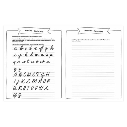 Schreibübungsseiten mit Schreibschrift- und Druckbuchstaben, Zahlen und Leerzeilen für Schreibübungen.