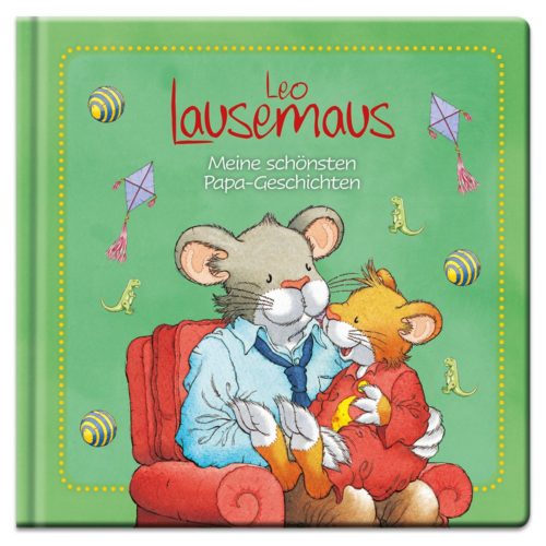 Kinderbuchcover mit zwei Mäusen in einem Sessel, umgeben von Spielzeug. Text: „Leo Lausemaus“ auf Deutsch.