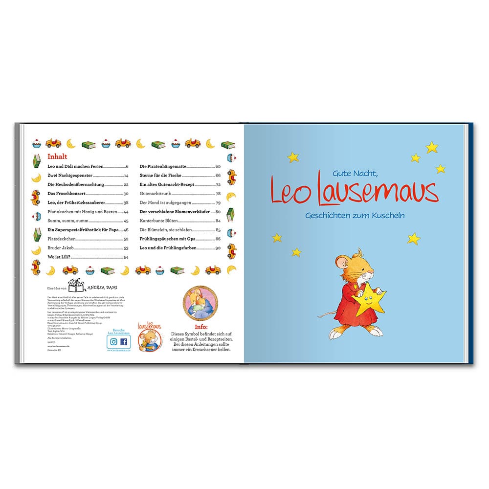 Kinderbuch mit dem Titel „Gute Nacht, Leo Lausemaus“ mit einer Maus, die einen Stern hält.