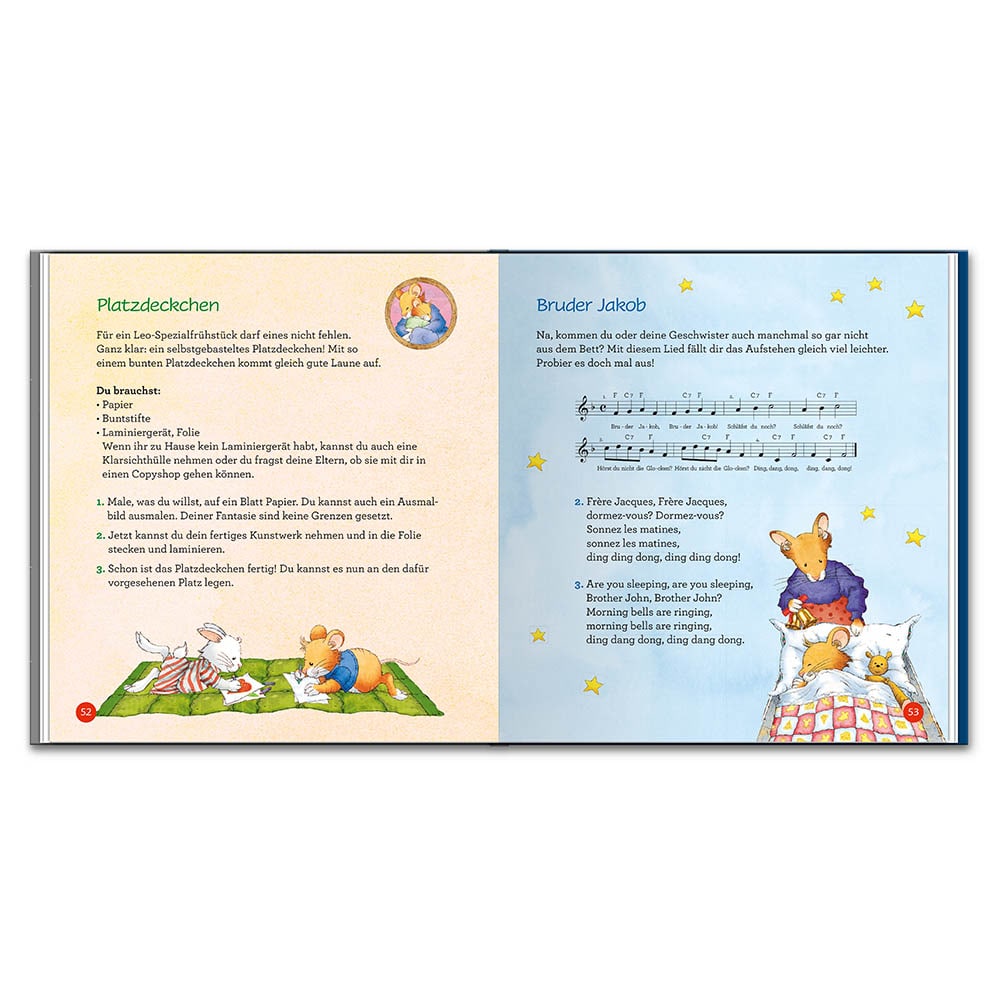 Illustrierte Kinderbuchseiten mit Noten und Liedtexten, mit lesenden und Instrumente spielenden Tieren.