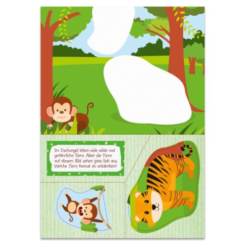 Illustrierte Dschungelszene mit einem Affen und einem Tiger, inklusive deutschem Text und ausgeschnittenen Abschnitten zur Interaktion.