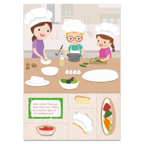 Drei Kinder mit Kochmützen kochen in einer Küche, um sie herum sind verschiedene Zutaten und Kochutensilien.