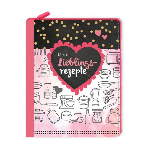 Notizbucheinband mit Küchenutensilienillustrationen, Herzen und dem Text „Meine Lieblingsrezepte“.