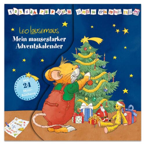Illustration einer Maus, die einen Weihnachtsbaum mit Geschenken und Minibüchern drumherum schmückt.