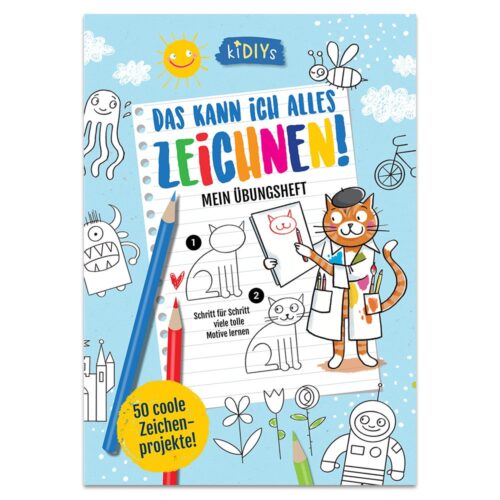Farbenfroher Einband des Zeichenarbeitsbuchs mit Tieren, Pflanzen und Zeichenwerkzeugen. Text: „Das kann ich alles zeichnen!.“