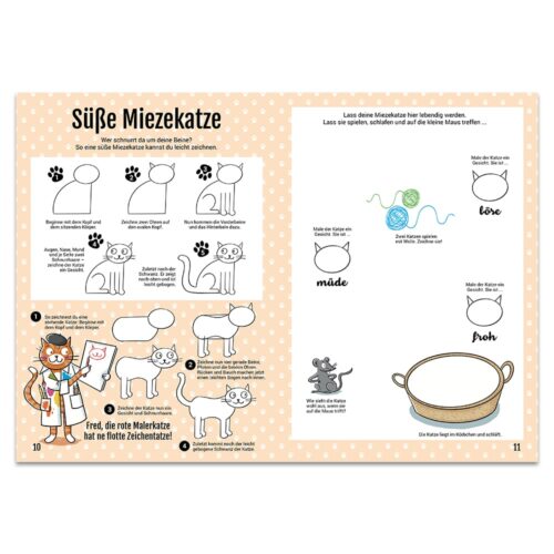 Beschäftigungsbuchseiten für Kinder mit Zeichenanleitungen für eine Katze und Ausdrücken.