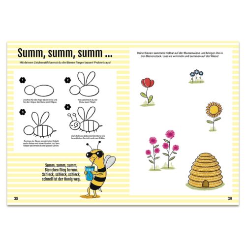 Aktivitätsseite für Kinder mit Bienenillustrationen, Blumen und einem Bienenstock, die zum Zeichnen und Lernen über Bienen anregt.