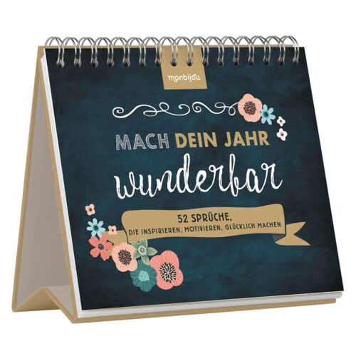 Ein spiralgebundener Tischkalender mit floralen Motiven und deutschem Text auf dunkelblauem Hintergrund.