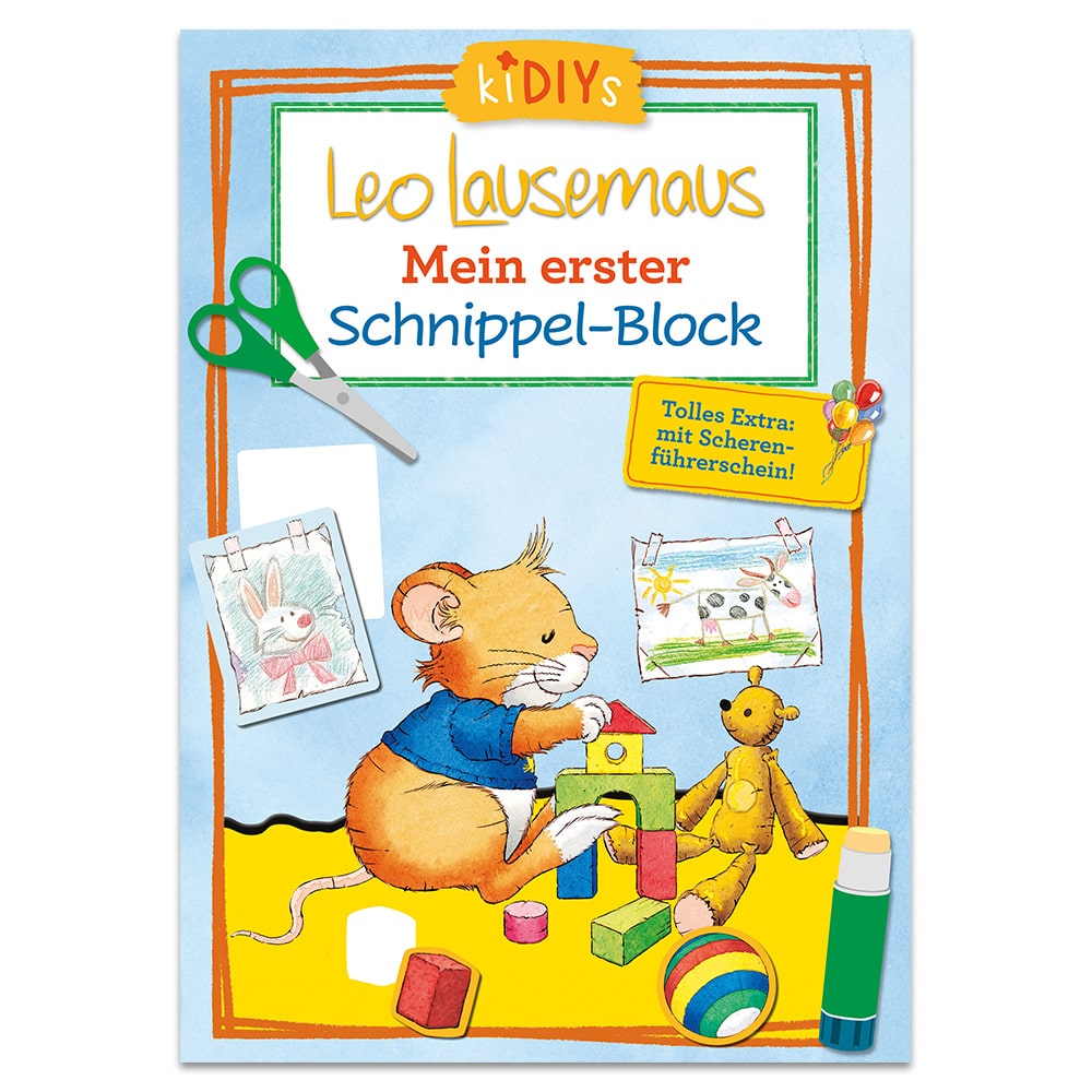 Illustriertes Buchcover mit einer Maus, Spielzeug und Bastelarbeiten. Der Titel lautet „Leo Lausemaus Mein erster Schnippel-Block“.