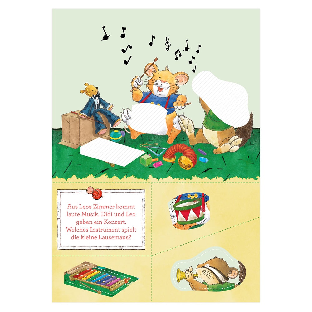 Illustration von musizierenden Mäusen. Eine spielt Trommel, eine andere liest Noten. Um sie herum sind Spielzeuge und eine bunte Schachtel.