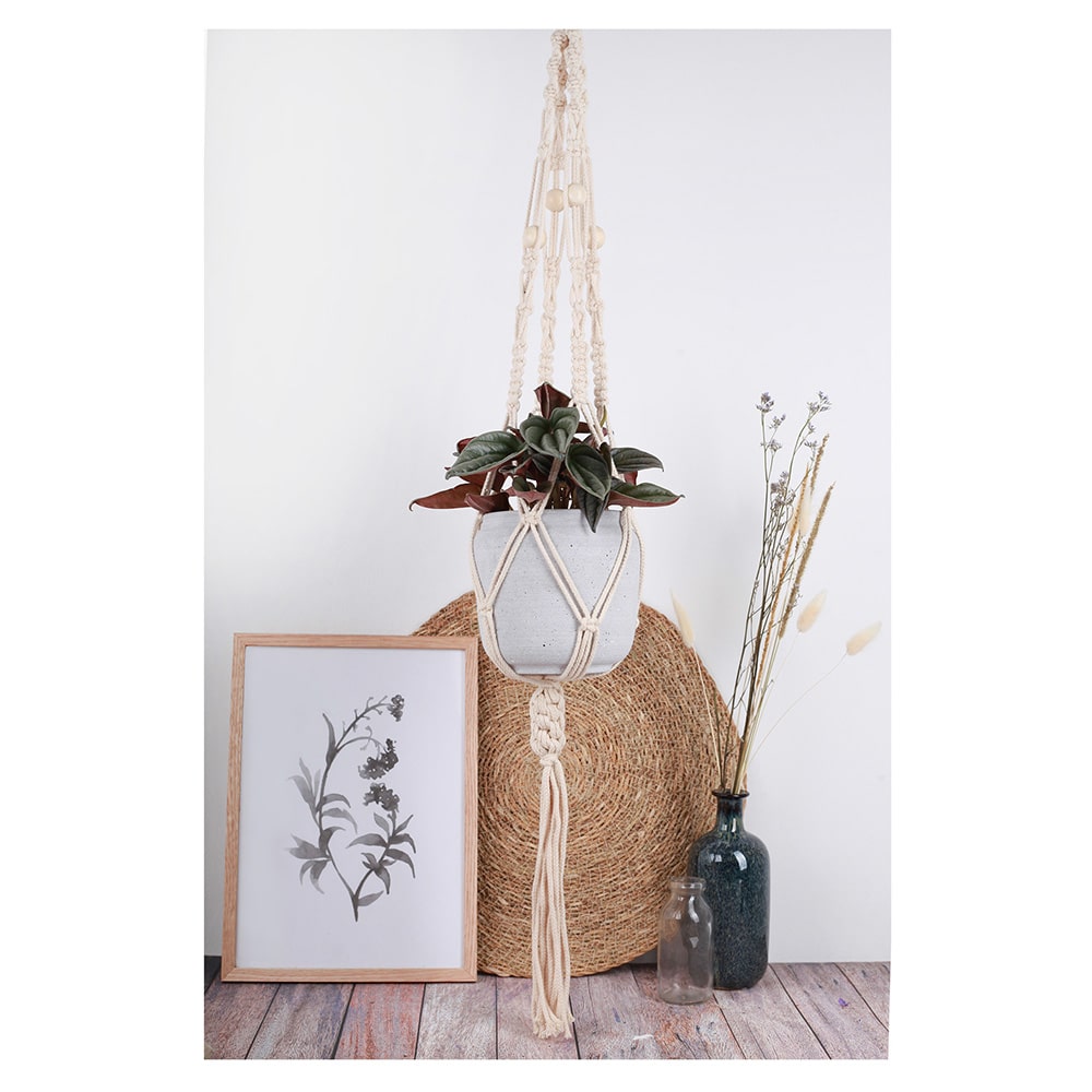 Makramee-Pflanzenhalter mit einer Topfpflanze, einem gerahmten botanischen Druck und einer Vase auf einem Holzboden.