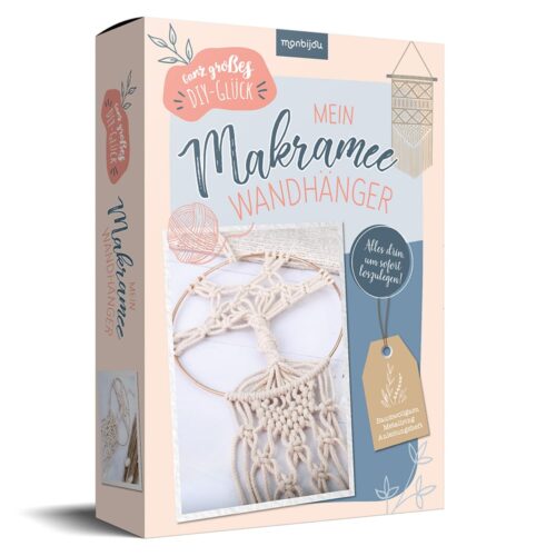 Schachtel für ein DIY-Makramee-Wandbehang-Set mit Bildern und Deko-Elementen.